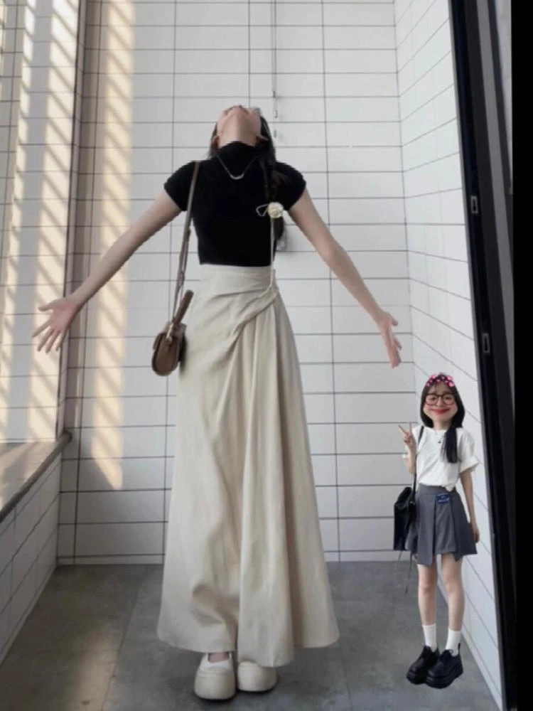 秋季气质高腰褶皱半身裙女装设计感收腰显瘦a字裙不规则长款裙子