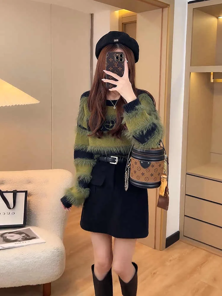 韩版撞色条纹毛衣女2025秋冬新款长袖软糯慵懒风针织衫设计感上衣