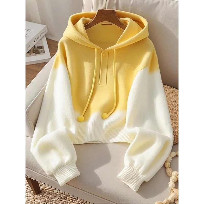 黄色复古宽松慵懒风高级感连帽毛衣卫衣2025秋季新款女装针织上衣
