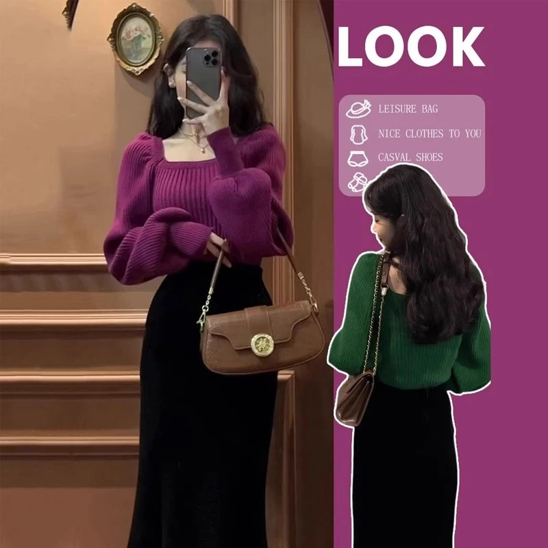港味复古纯色针织衫女2024新款气质减龄别致短款灯笼袖毛衣女秋冬
