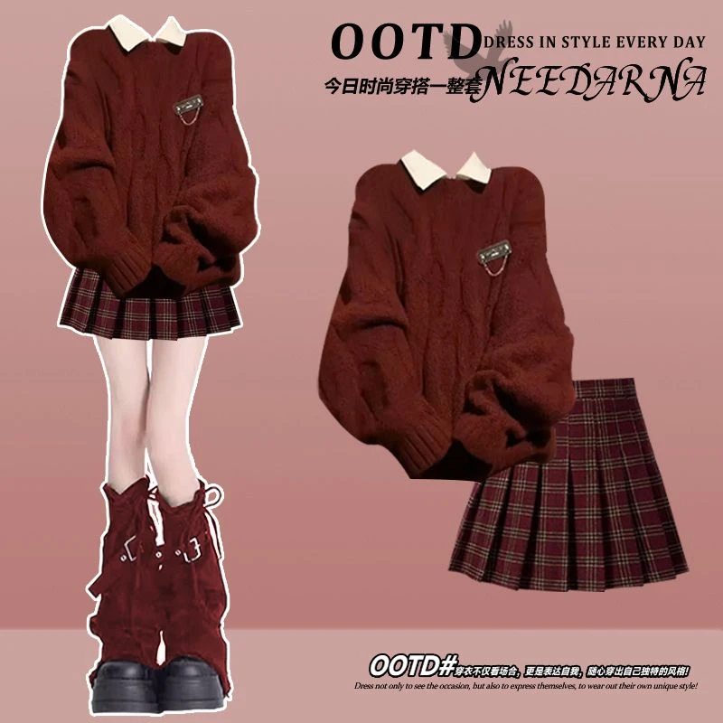 秋冬穿搭一整套女装2025新款宽松慵懒风毛衣配衬衫百褶短裙三件套