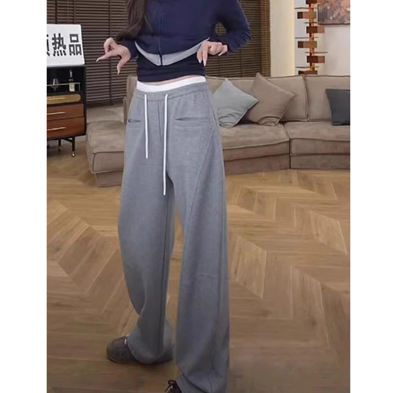 设计感撞色拼接运动直筒休闲裤女2025秋季高腰宽松显瘦阔腿卫裤