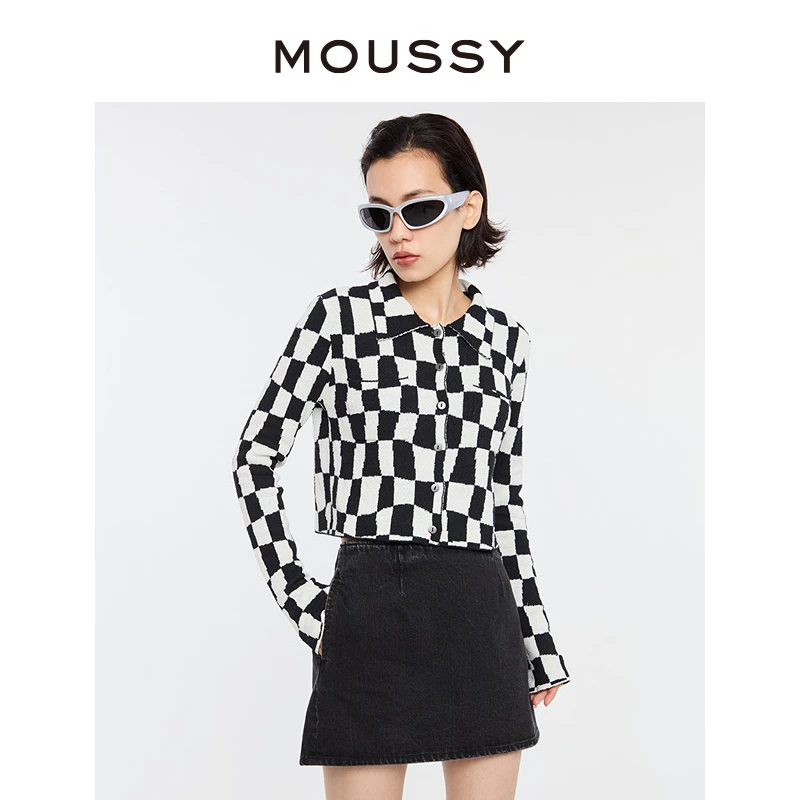 moussy 2024秋冬新品复古日系棋盘格纹翻领针织开衫028HS970-0000