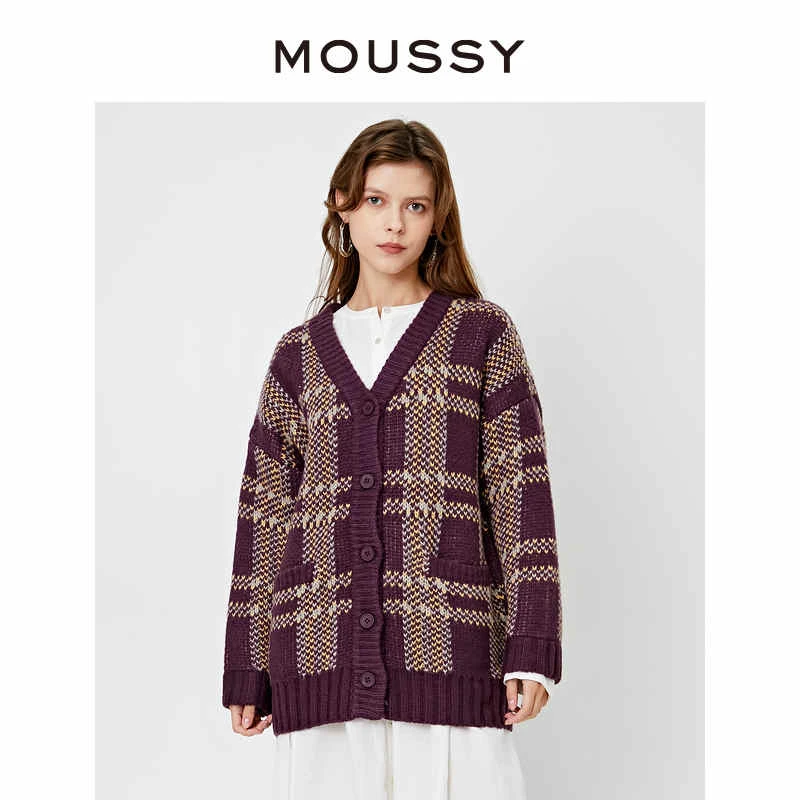MOUSSY 秋季新款宽松通勤风格经典格纹V领单排扣长袖针织开衫女