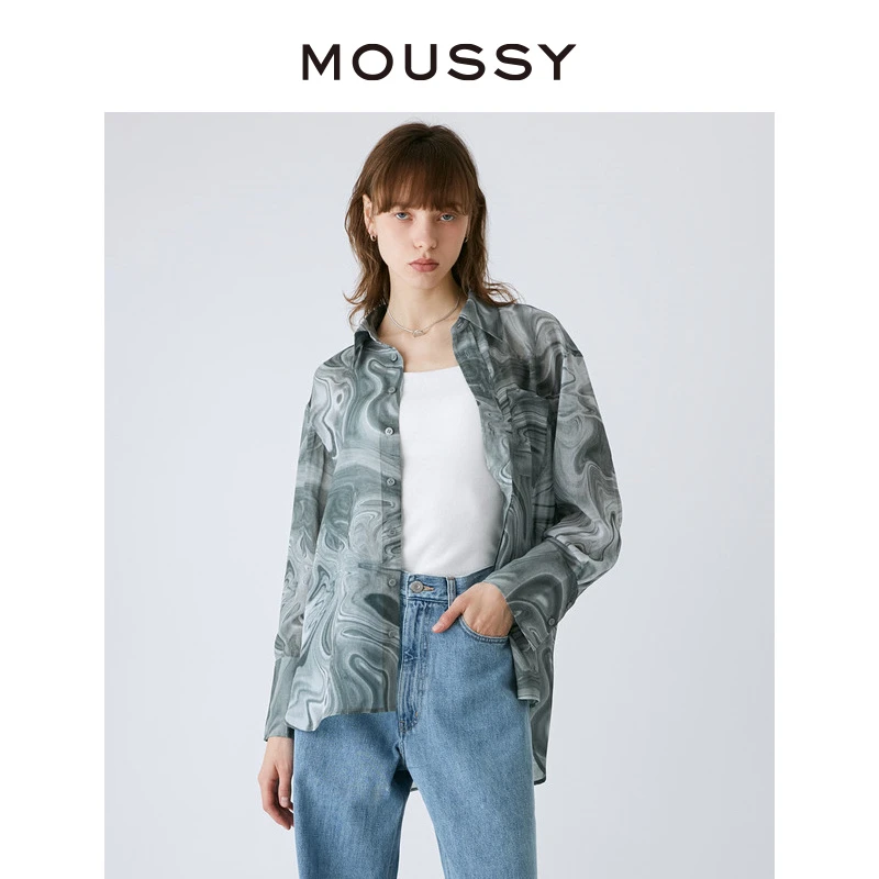 MOUSSY 秋季新款大理石花纹OVERSIZE休闲翻领长袖衬衫上衣女