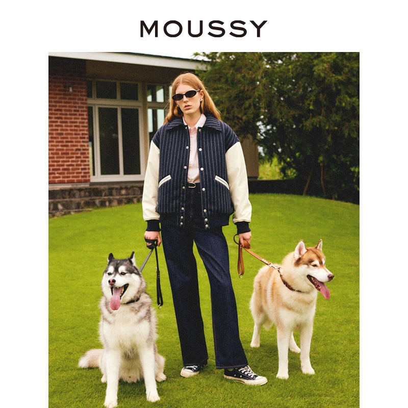 MOUSSY 秋冬新品时尚撞色拼接立领休闲棒球服短外套设计感上衣女
