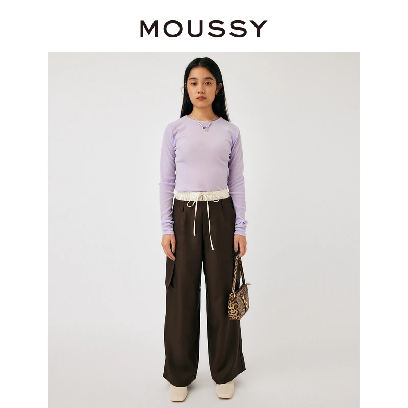 MOUSSY 秋冬新品通勤双裤腰立体口袋设计感纯色宽松休闲裤女