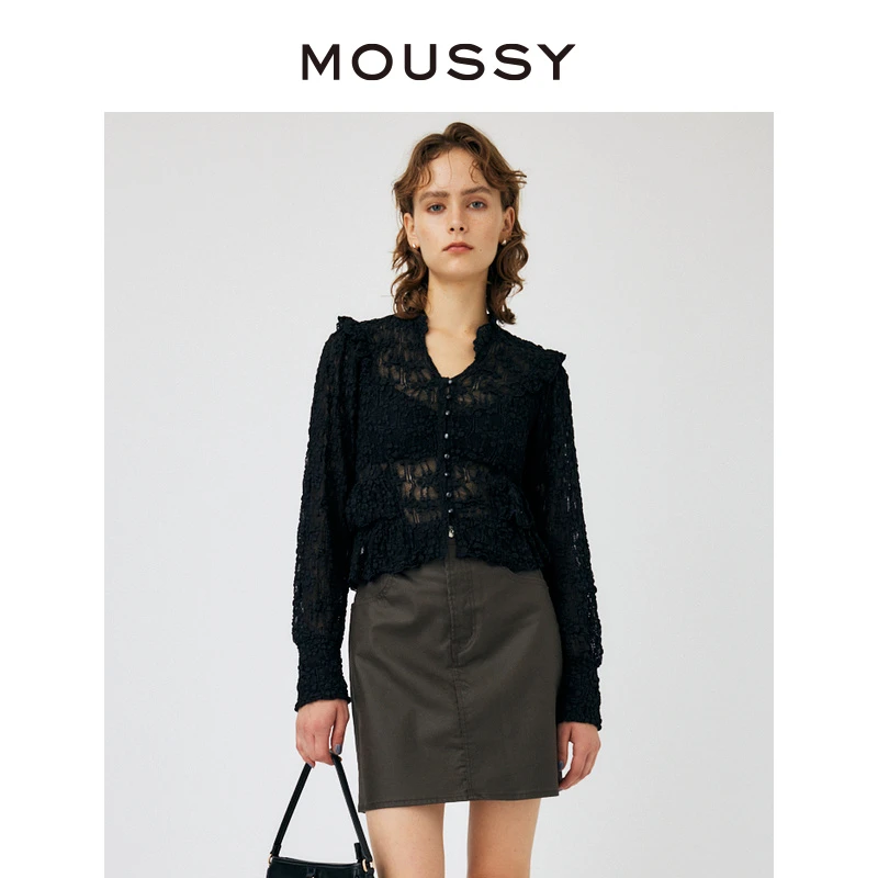 MOUSSY 秋冬新品浪漫主义甜美风蕾丝设计感V领宽松长袖衬衫女