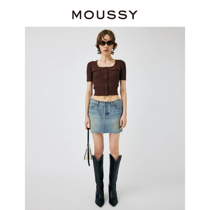 MOUSSY 新款通勤低腰毛边腰头短款牛仔休闲百搭半身裙女