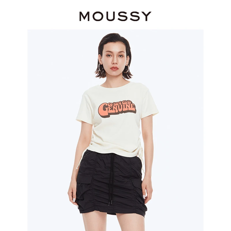 MOUSSY 2025夏季新品休闲风撞色字母抽绳短袖T恤女028HSQ90-0491