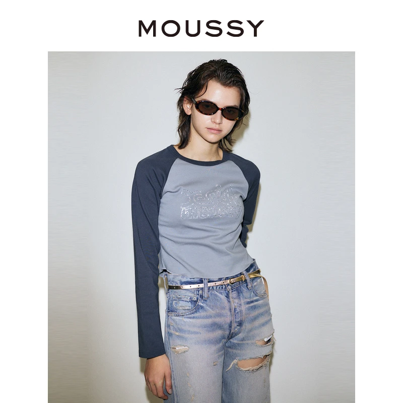 MOUSSY 新品烫钻LOGO插肩袖T恤010GAQ01-5270