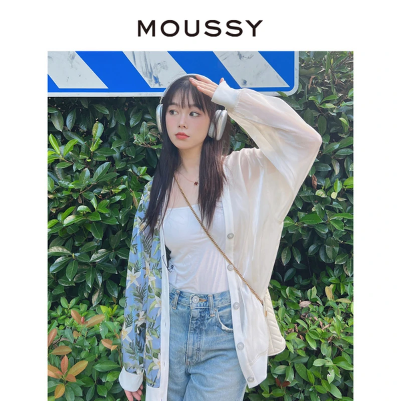 MOUSSY 秋冬新款限定花纹薄纱光泽感V领设计感宽松长袖开衫女
