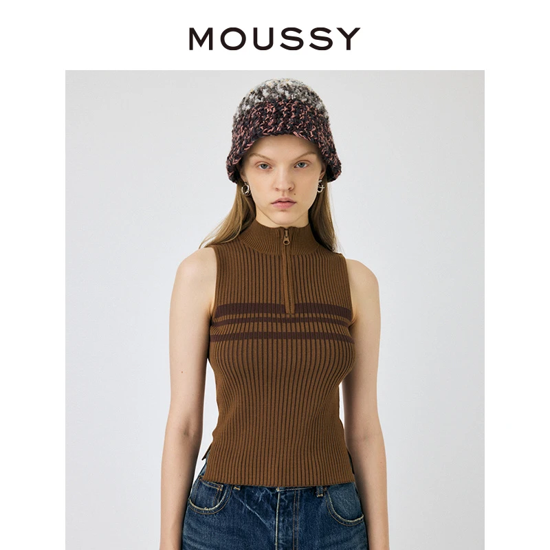 MOUSSY 2024夏季新品韩系休闲高领双色条纹针织背心010HA770-0161