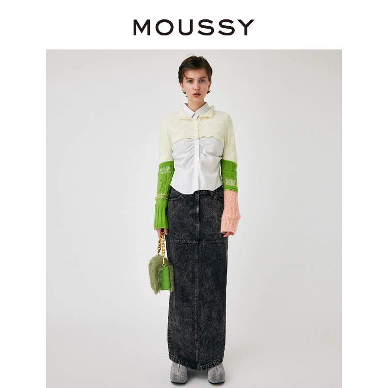 MOUSSY 秋冬新款通勤辣妹风高腰拼接设计后摆开叉牛仔半身裙