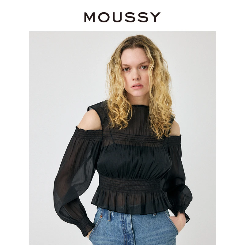 moussy 春夏季新品法式优雅风露肩两件套雪纺衬衫010HS230-1840