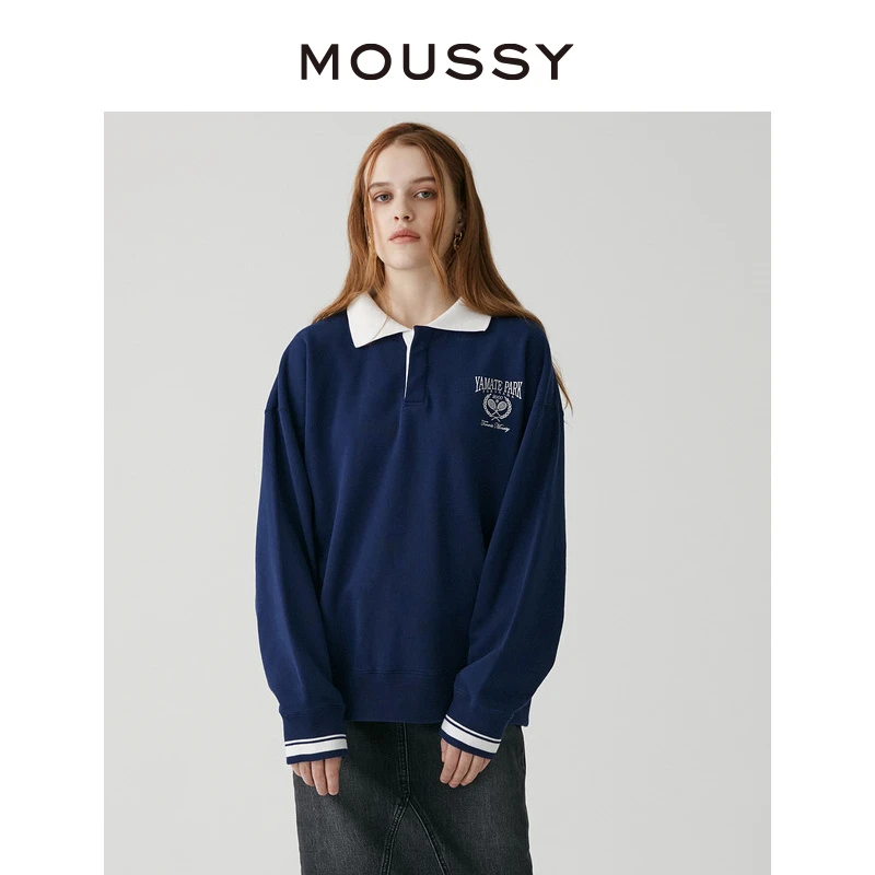 MOUSSY 早秋新品复古网球学院风POLO领宽松卫衣028GAZ90-5220