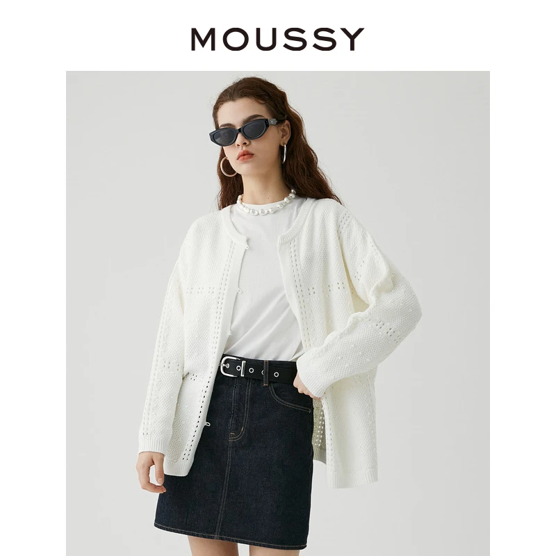 MOUSSY 早秋新品彼得潘领甜美学院风针织开衫长袖宽松上衣女