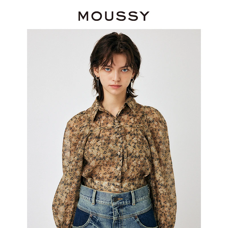 moussy 2024秋季新品法式优雅泡泡袖透视碎花衬衫女010HS730-1620
