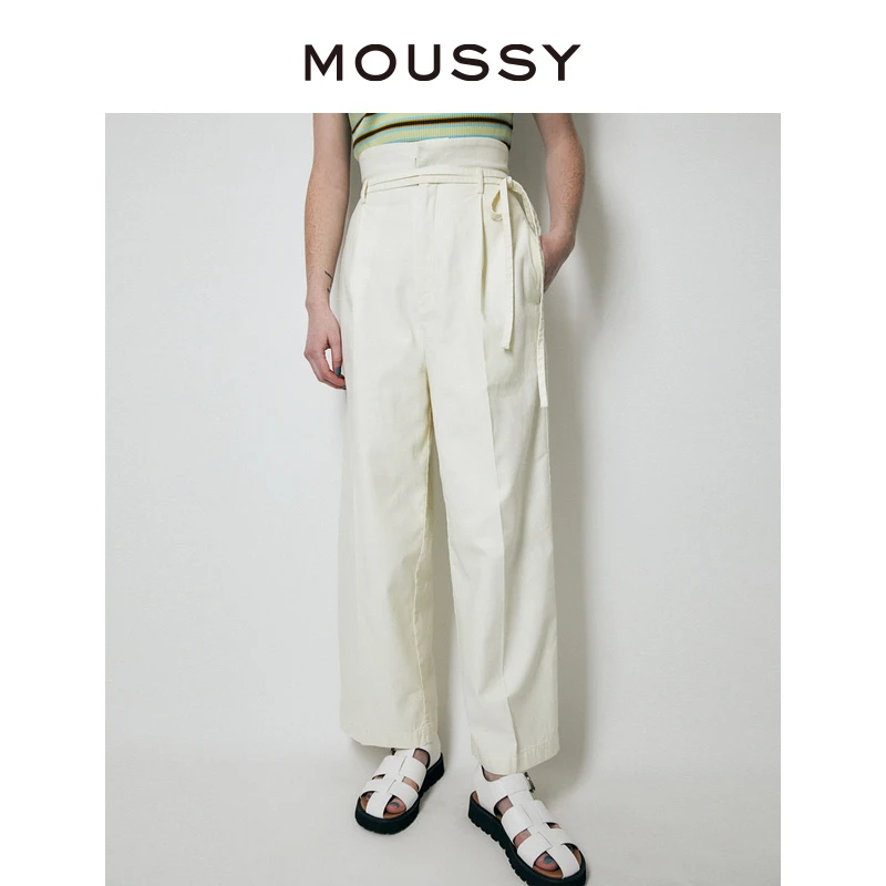 MOUSSY 春夏新款日系纯色简约腰部系带高腰长款百搭休闲裤女