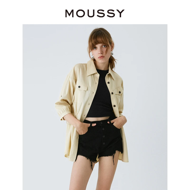 MOUSSY 早秋新款中性风抽绳设计纯色宽松长袖外套衬衫上衣女