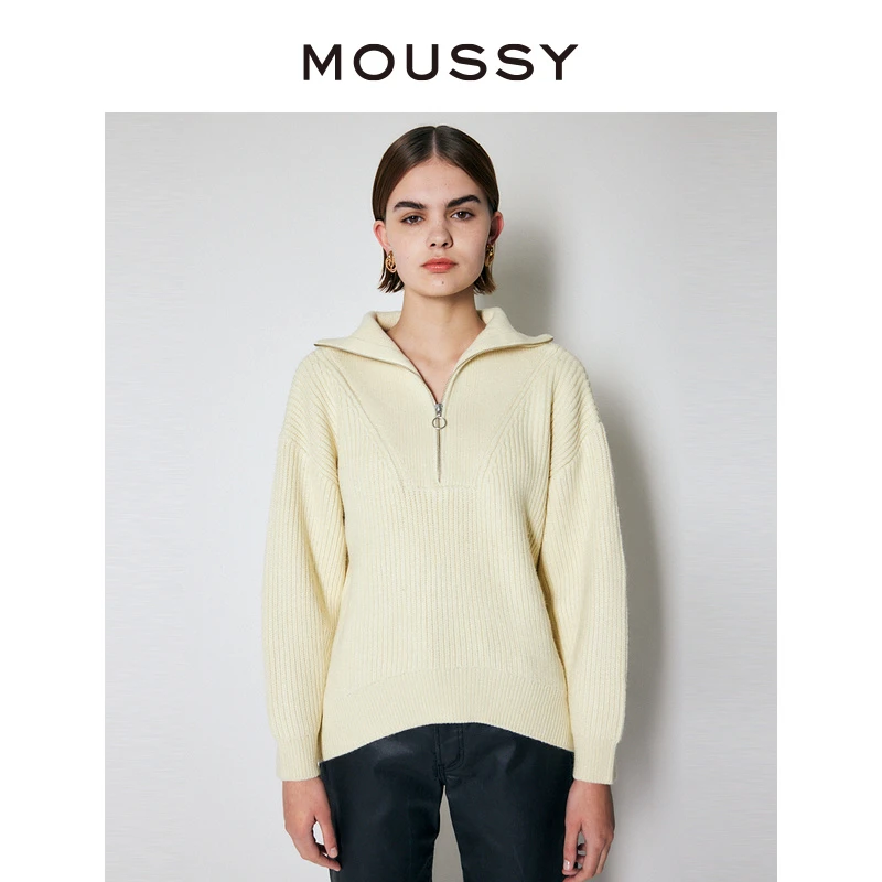 MOUSSY 秋冬新款通勤纯色拉链翻领休闲针织衫简约时尚毛衣女上衣