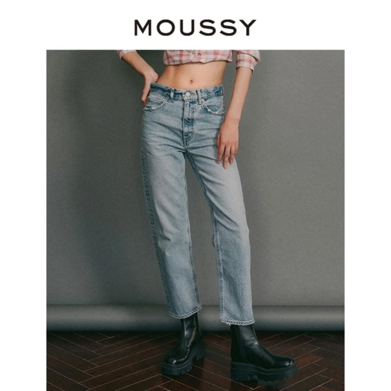 爆款裤王MOUSSY 早秋新款时尚复古直筒毛边高腰水洗牛仔裤女