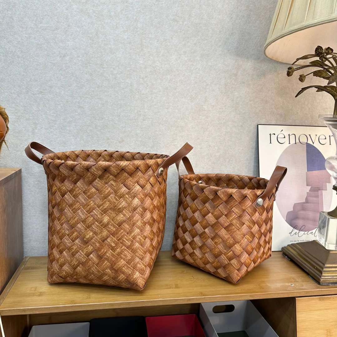 仿树纹手工编织收纳筐两件套