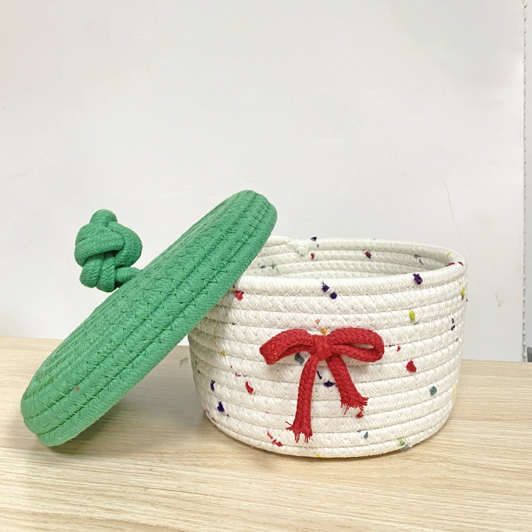 绿色带盖收纳筐红色蝴蝶结高级撞色高颜值家用客厅卡通手工