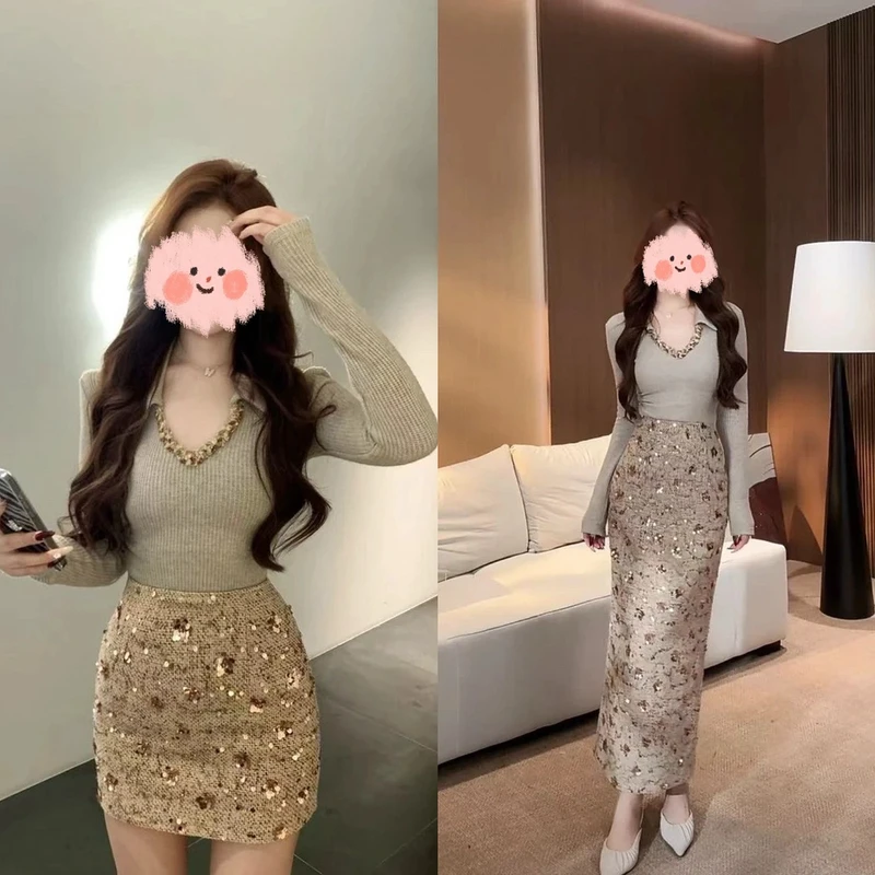 秋冬时尚翻领设计感气质洋气打底毛衣重工亮片出片氛围感衣服一套