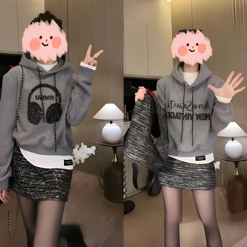 秋冬休闲时尚显瘦秋季加绒+磨毛打底加厚T+出片氛围感衣服一套