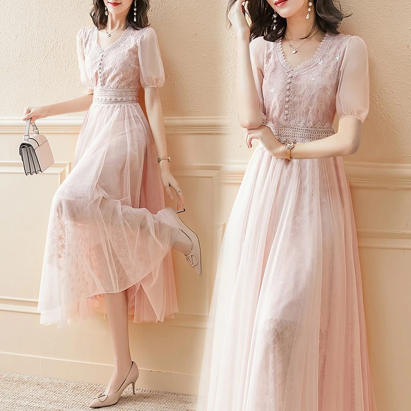 雪纺连衣裙女夏2025新款V领气质女神收腰显瘦中长款蕾丝网纱裙子