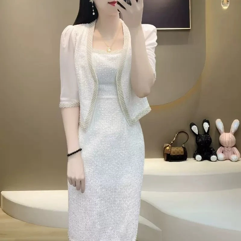 职业白色吊带裙套装女夏2025新款时尚外套高级感修身白裙子夏季