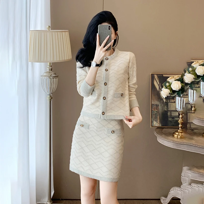 小个子套装裙女秋冬2024新款名媛小香风显瘦针织开衫半裙两件套装