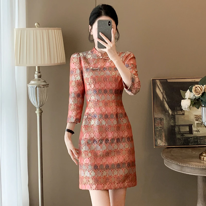 小个子连衣裙女2025初秋新款新中式立领盘扣改良旗袍修身显瘦裙子