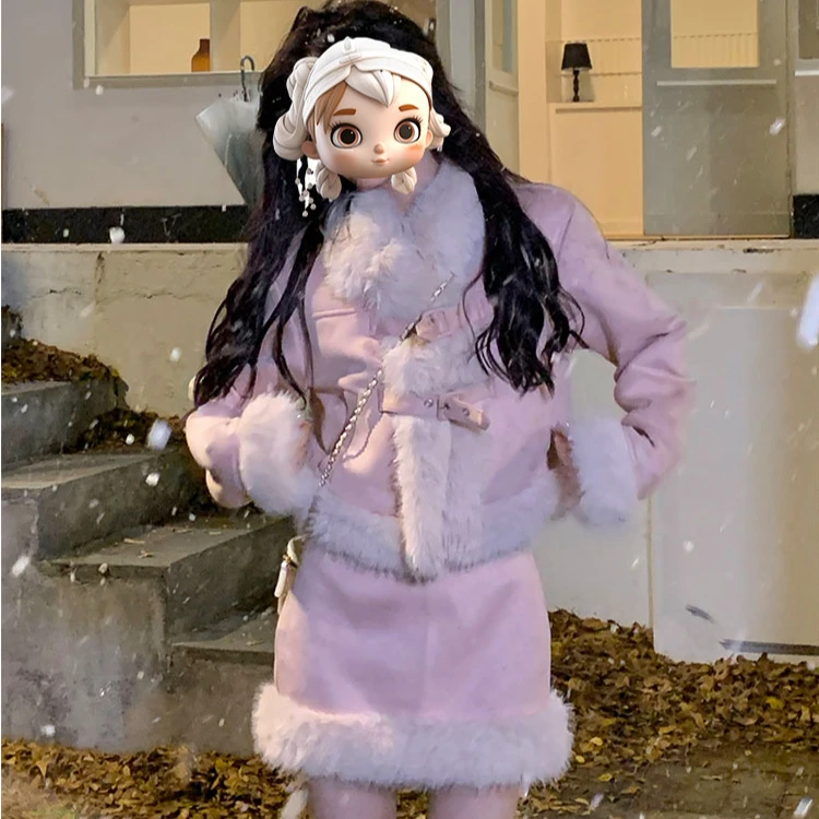 粉小香风时尚套装网红同款秋冬季加厚裙子穿搭一整套女装气质服装