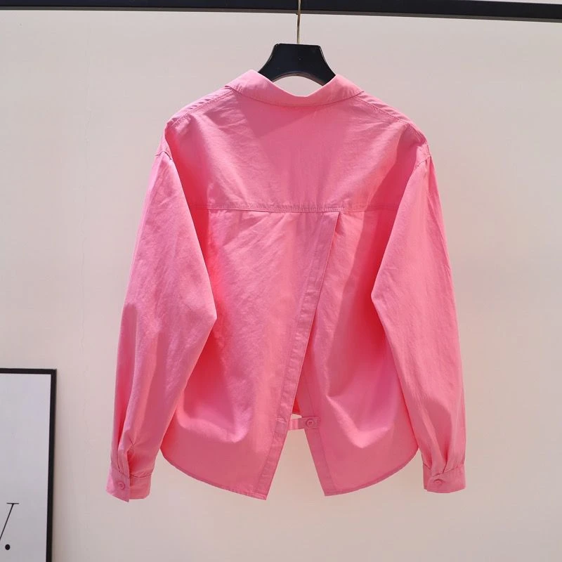 设计感背后开叉短款衬衫女玫粉色棉衬衣2024秋季韩版绣花宽松上衣