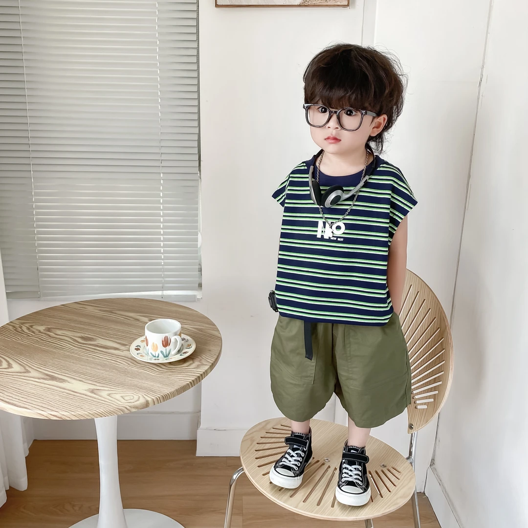 童装2025夏季新款条纹男童背心工装裤套装无袖韩版儿童洋气夏款