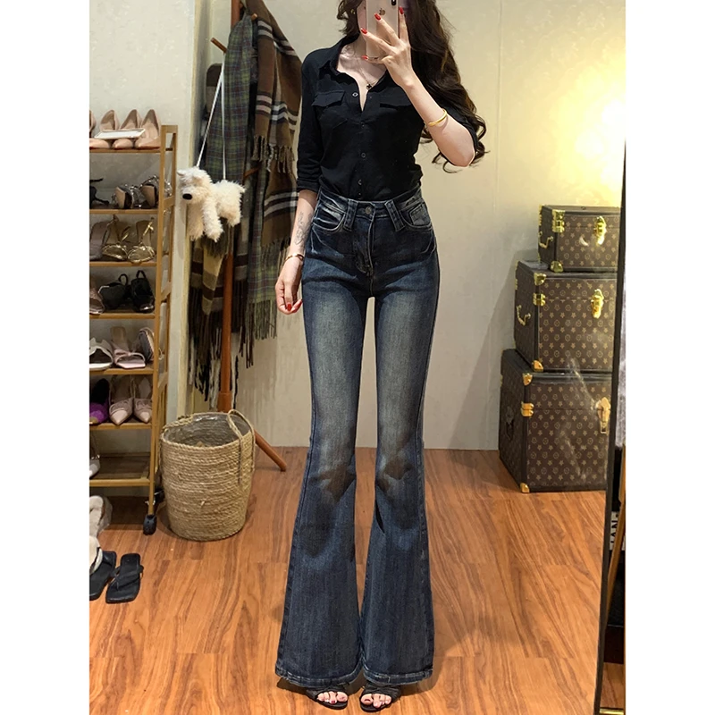 高腰压褶微喇牛仔裤女2025夏季新款百搭显瘦显腿长弹力喇叭长裤