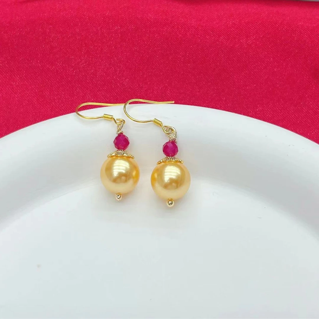 【杰哥专属】海贝金珠红宝石气质女士耳环送证书礼盒V48