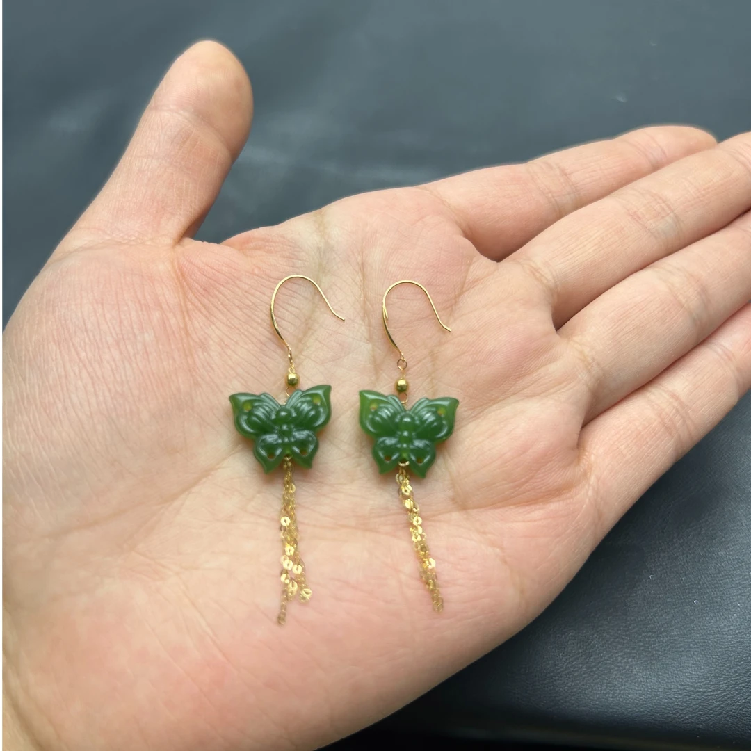 18k金 天然和田玉碧玉耳钩耳线耳坠耳钉耳饰