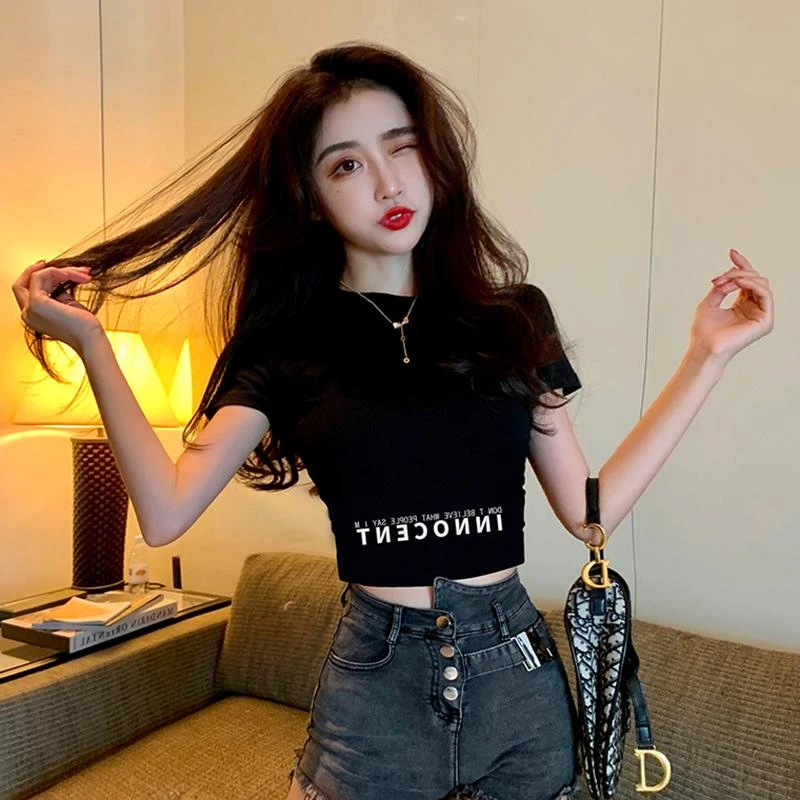 2026年夏季新款百搭印花短款时尚半高领短袖t恤女修身露脐上衣潮