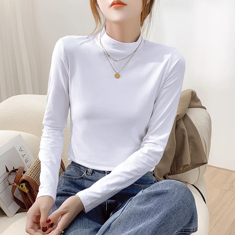 纯棉白色半高领打底衫女秋冬洋气内搭2026新款长袖半高领T恤上衣