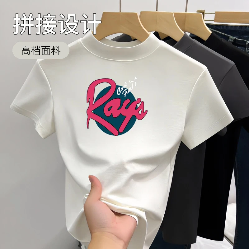 半高领高档上衣夏季印花短袖t恤女小众打底衫百搭显瘦修身潮时尚i