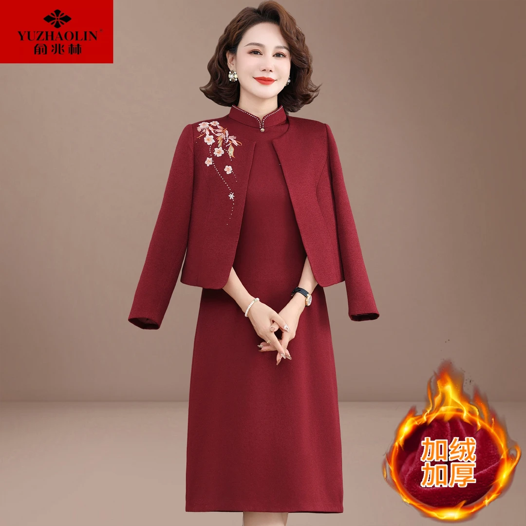 冬季喜婆婆婚宴装2024新款高贵连衣裙女秋冬装妈妈结婚礼服两件套