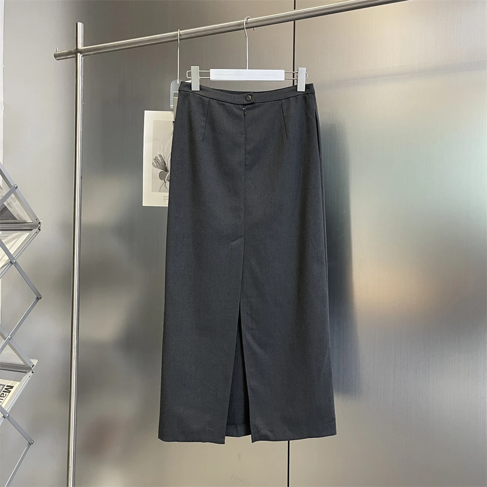 低腰款 开叉长款灰色西装半身裙51188