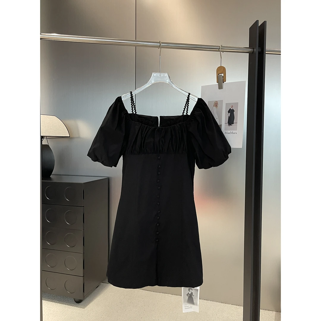 蕾丝边拼接 假两件吊带 黑色短款连衣裙8826-6