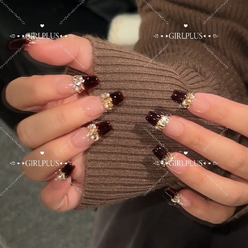 『红酒配香槟＊深酒红』法式高级复古极简美甲贴片纯手工穿戴甲