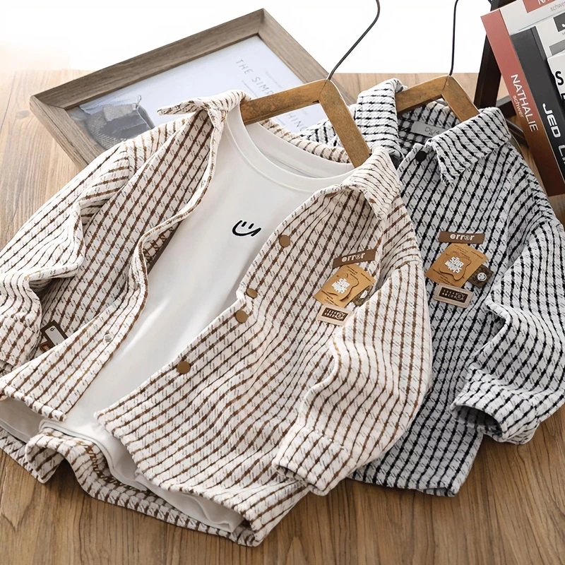 男童格子休闲外套宽松上衣2025春秋新款洋气衬衫长袖儿童衬衣韩版