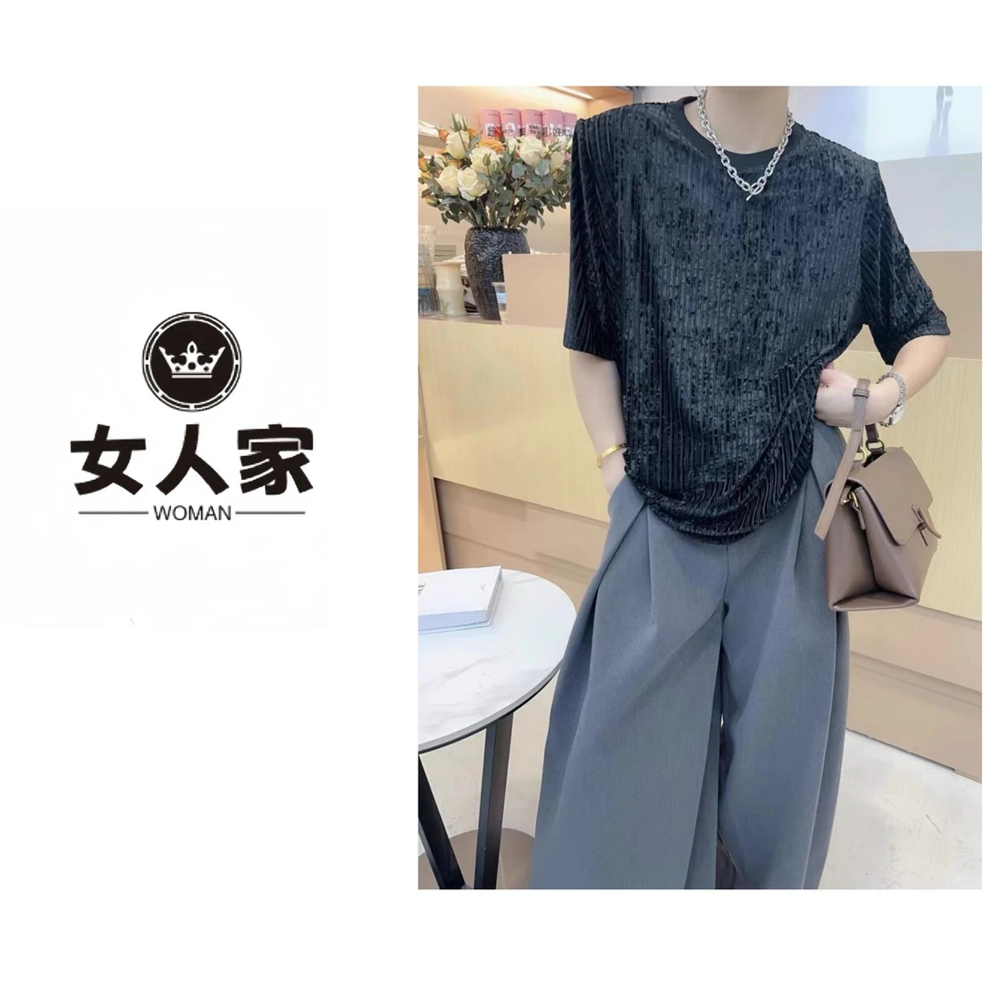 【女人家】628秋季新款设计感镂空竖纹丝绒T恤时尚简约上衣