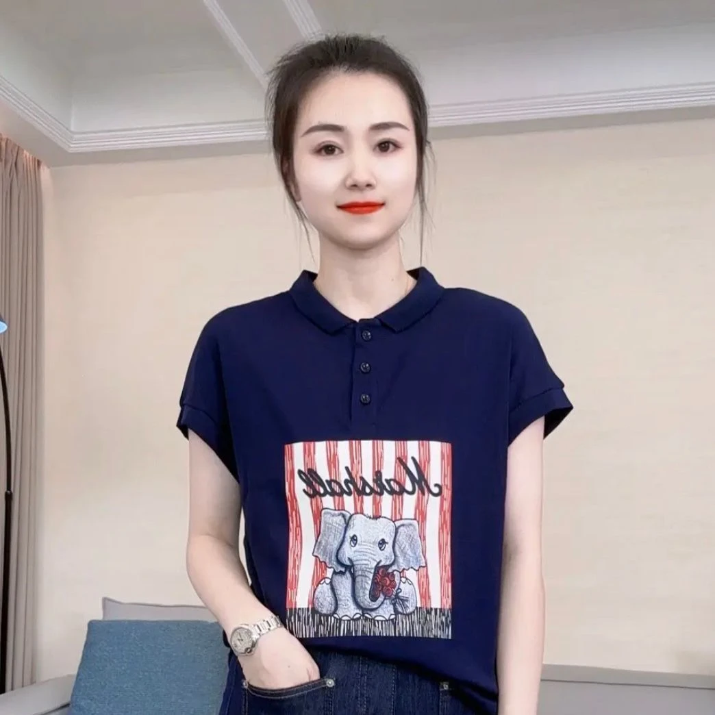显瘦POLO减龄小衫棉质短袖T恤女夏季新款蓝色遮肚子上衣